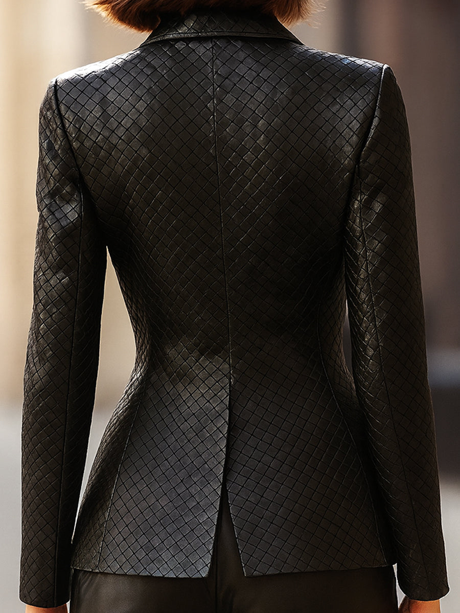 Black Woven Leather Fitted Blazer by Daily Drop Mart