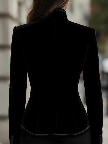 Black Velvet Blazer Green Contrast Trim by Daily Drop Mart 
