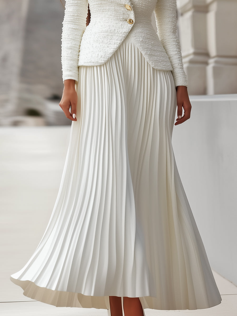 White Tweed Blazer & Pleated Midi Skirt Set by Daily Drop Mart 