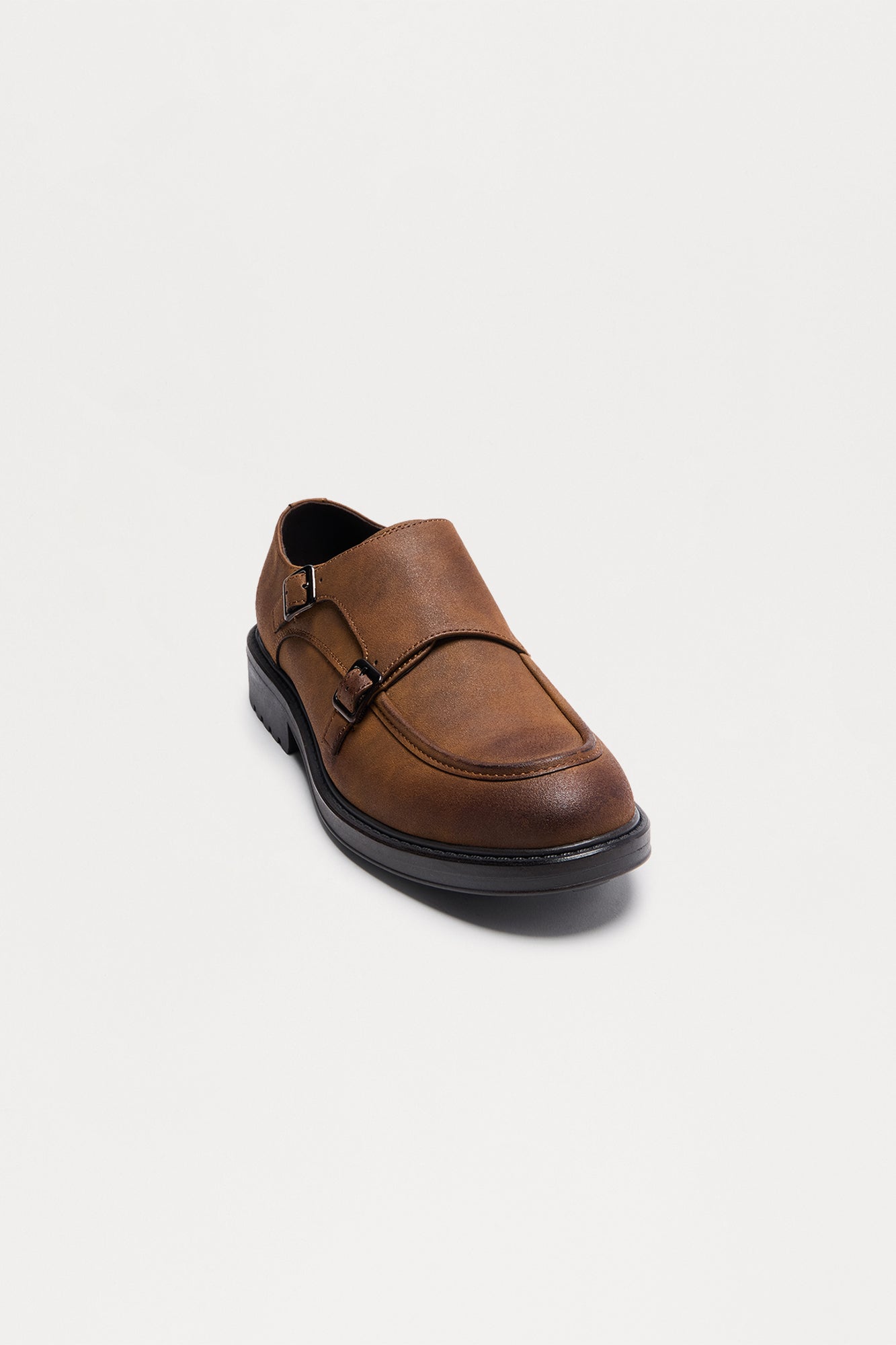 Classic Cut Washed Faux Suede Monk Shoe - Brown