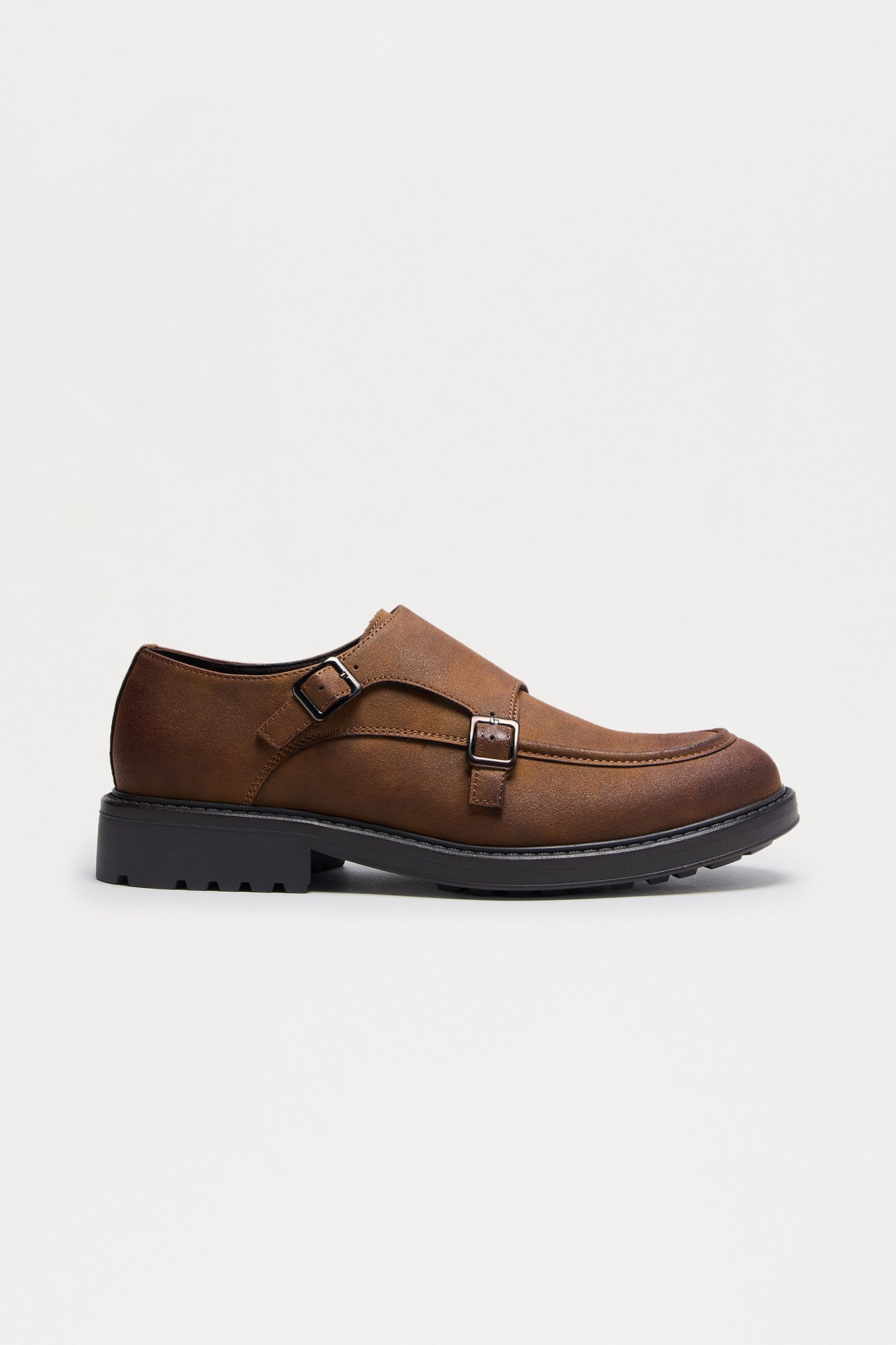 Classic Cut Washed Faux Suede Monk Shoe - Brown
