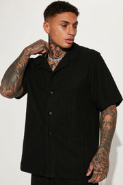 Dean Textured Short Sleeve Button Up Shirt - Black