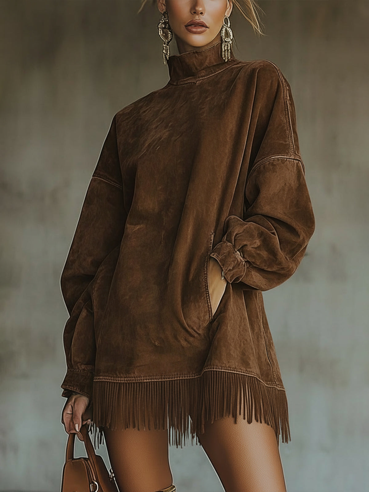 Faux Suede Brown Fringe Hem Turtleneck Dress by Daily Drop Mart 