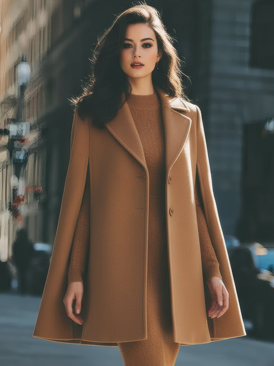 Camel Wool Cape Coat with Structured Lapels by Daily Drop Mart 