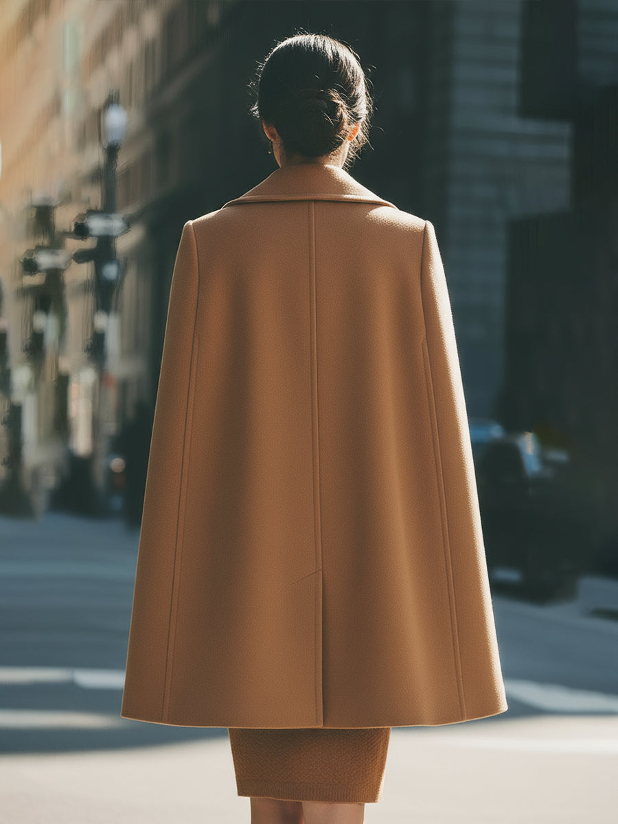 Camel Wool Cape Coat with Structured Lapels by Daily Drop Mart 