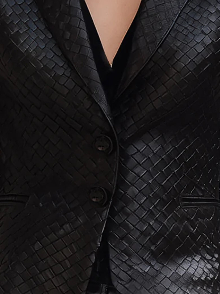 Black Woven Leather Fitted Blazer by Daily Drop Mart 