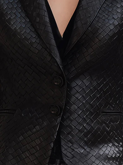 Black Woven Leather Fitted Blazer by Daily Drop Mart 