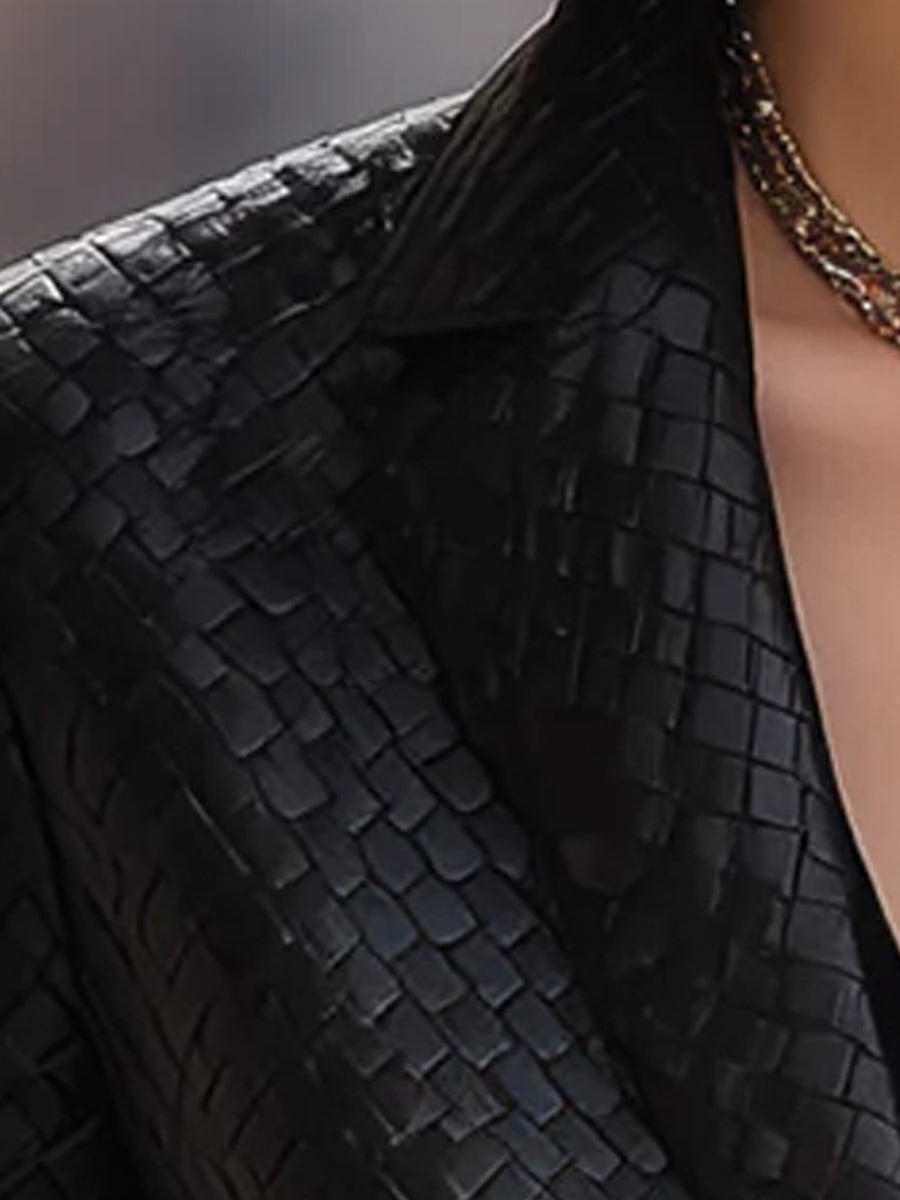 Black Woven Leather Fitted Blazer by Daily Drop Mart 