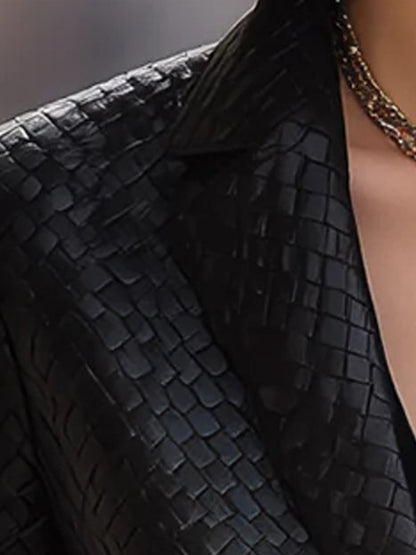 Black Woven Leather Fitted Blazer by Daily Drop Mart 