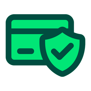 Green icon of a shield with a check mark next to two green rectangles on a white background