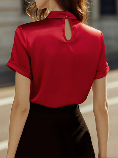 Satin Keyhole Neck Pleated Blouse by Daily Drop Mart 