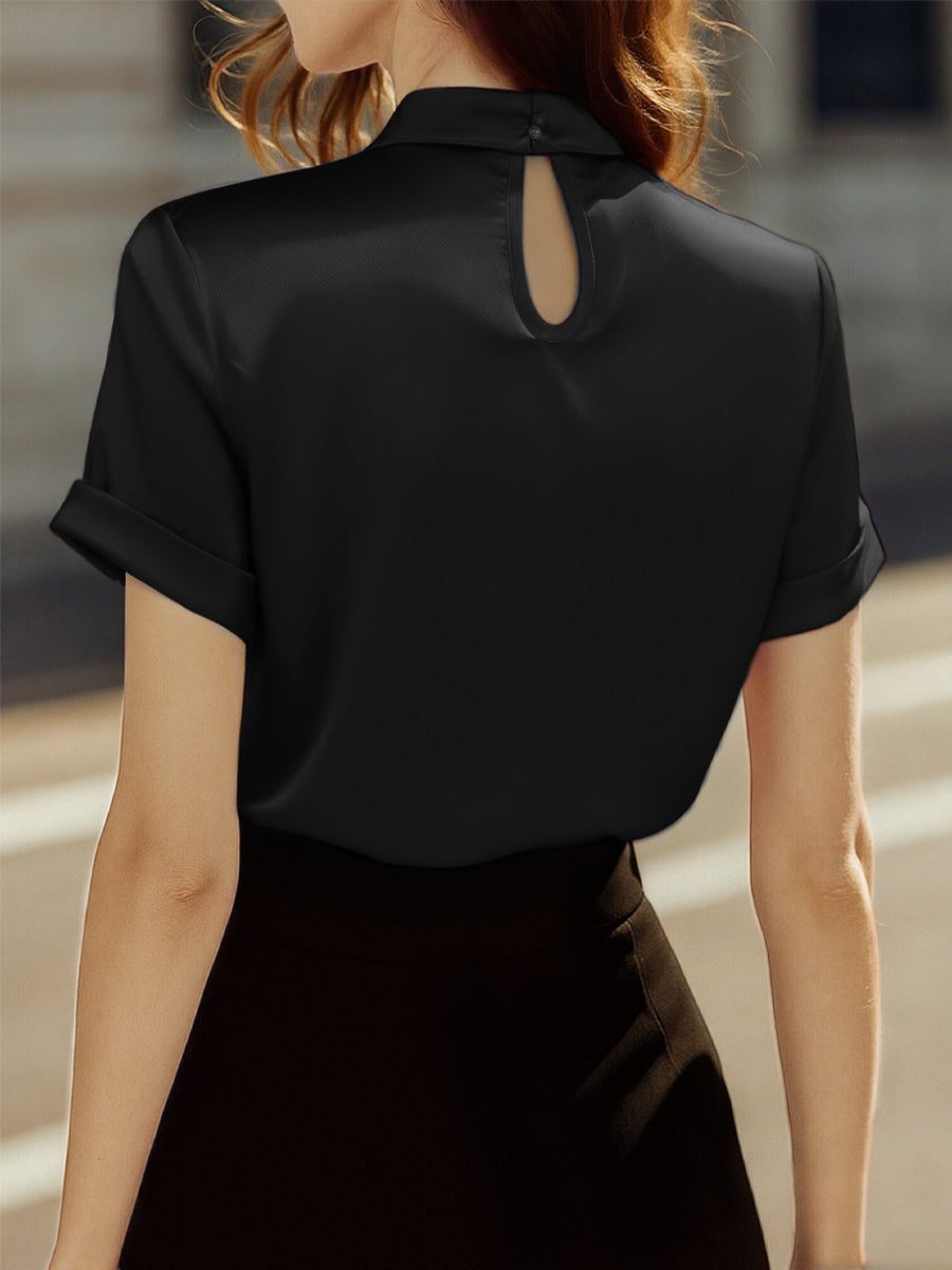 Satin Keyhole Neck Pleated Blouse by Daily Drop Mart 