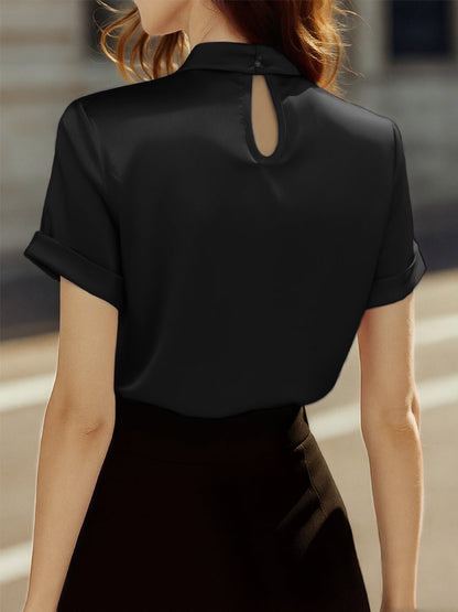 Satin Keyhole Neck Pleated Blouse by Daily Drop Mart 