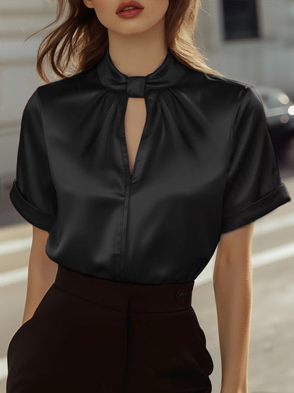Satin Keyhole Neck Pleated Blouse by Daily Drop Mart 