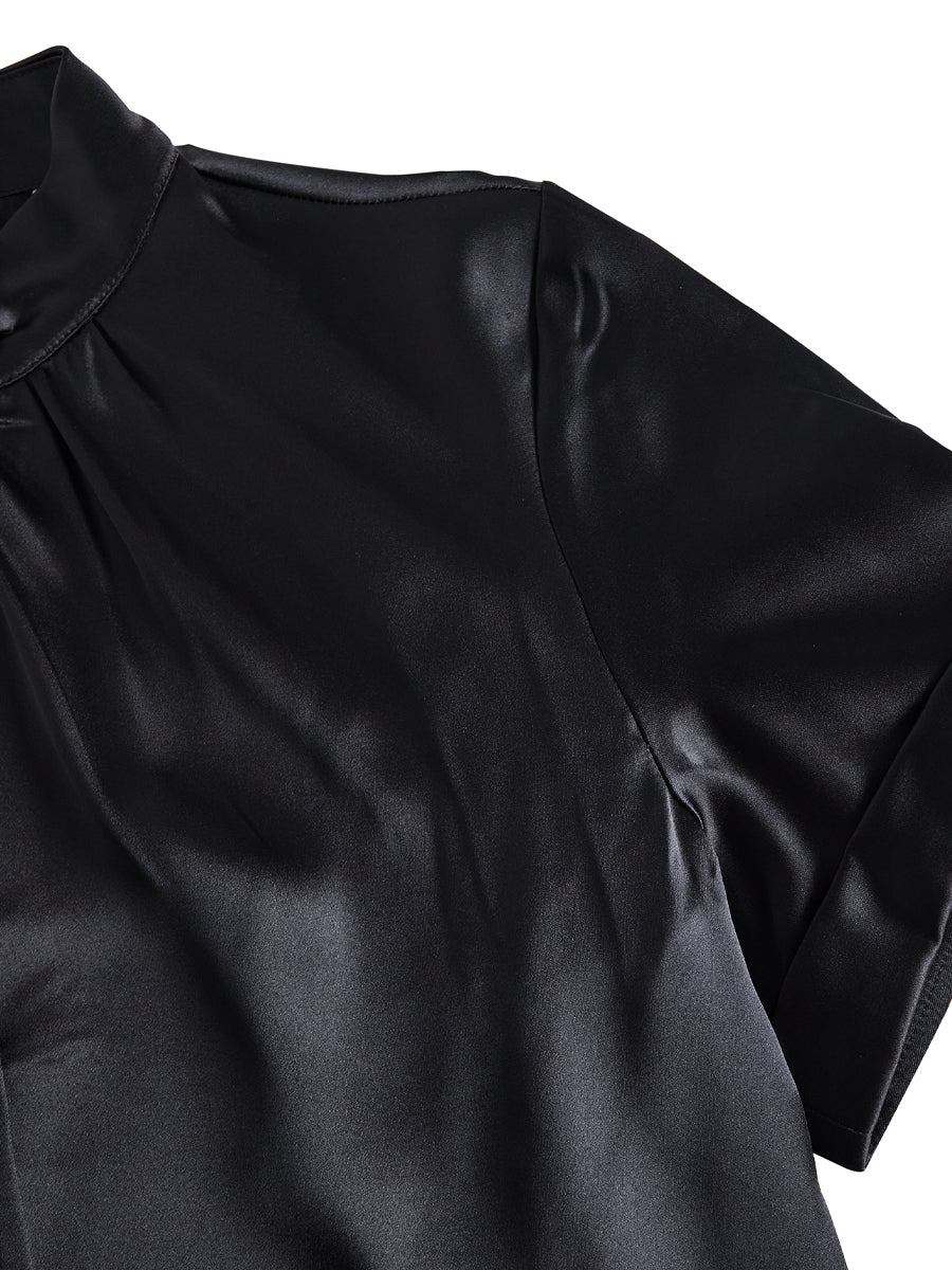 Satin Keyhole Neck Pleated Blouse by Daily Drop Mart 