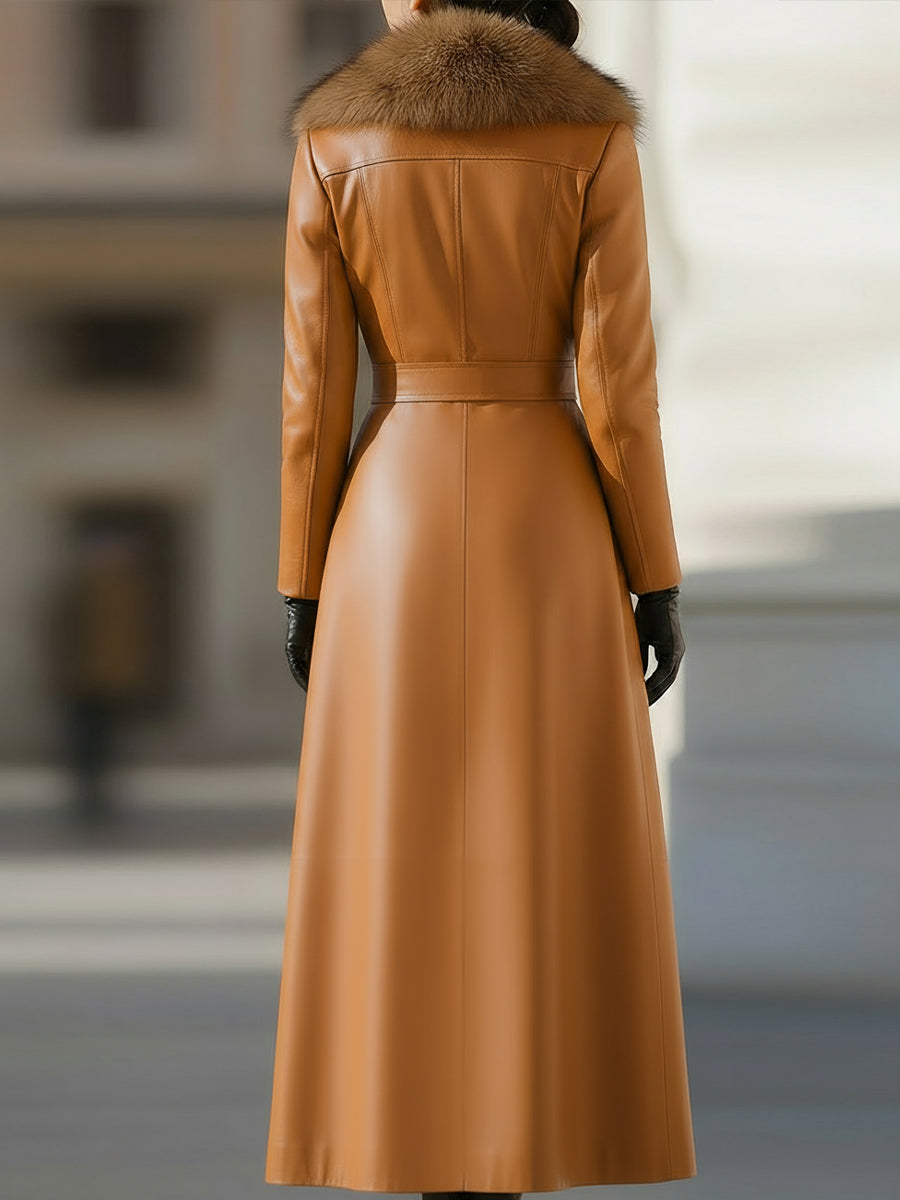 Daily Drop Mart Double-Breasted Leather Coat Fur Collar 