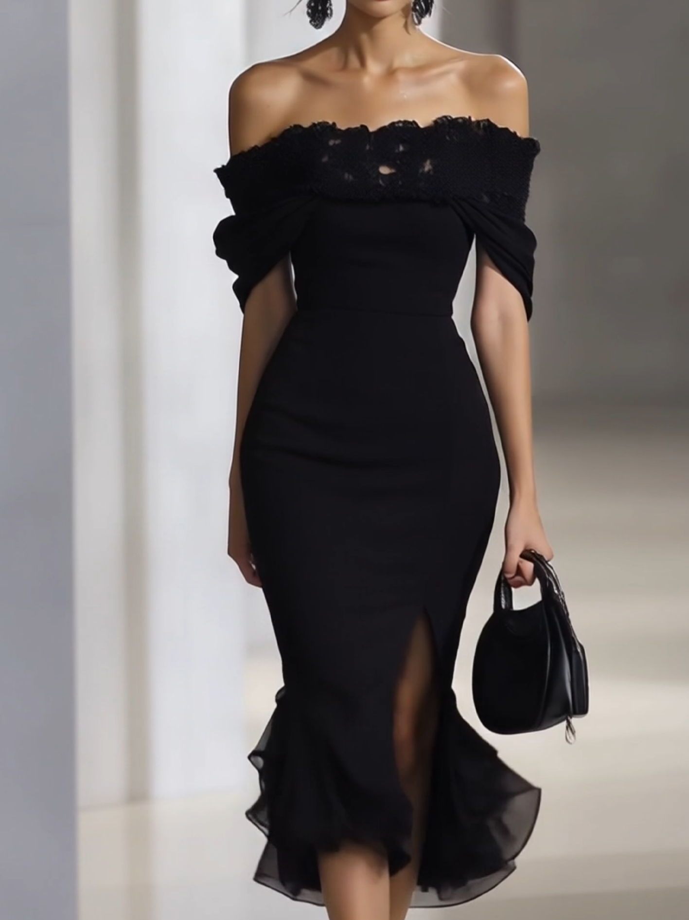 Black Lace Off Shoulder Ruffle Split Midi Dress by Daily Drop Mart 