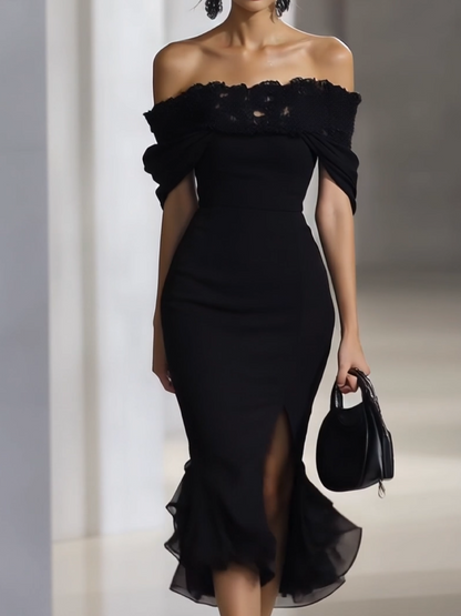 Black Lace Off Shoulder Ruffle Split Midi Dress by Daily Drop Mart 