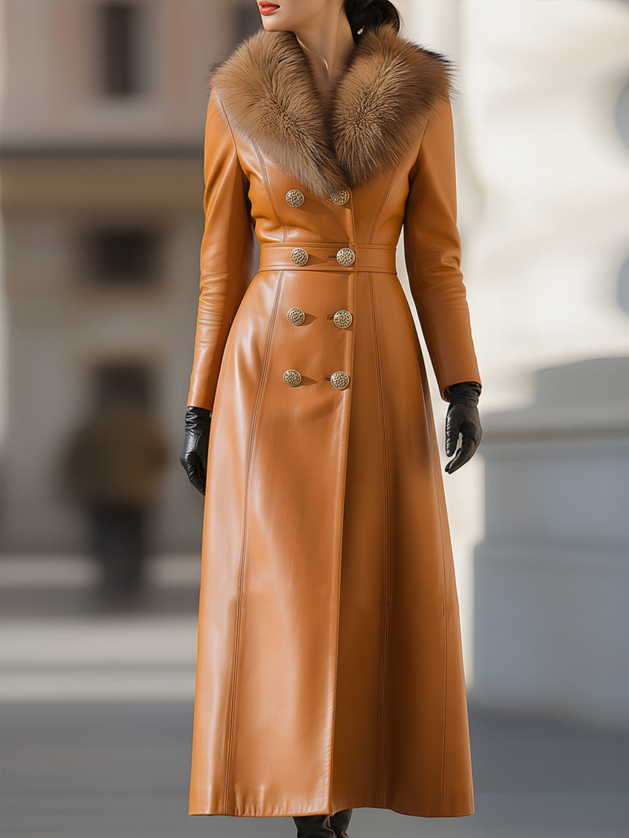 Daily Drop Mart Double-Breasted Leather Coat Fur Collar 