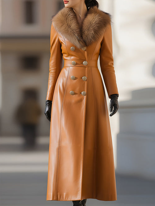 Daily Drop Mart Double-Breasted Leather Coat Fur Collar 