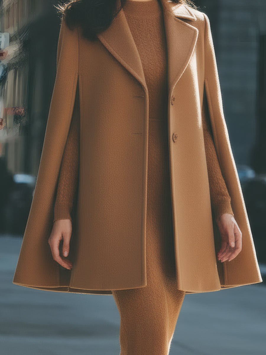 Camel Wool Cape Coat with Structured Lapels by Daily Drop Mart 