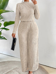 Elegant Ribbed Knit Jumpsuit for Women – Striped, Long Sleeves and High Neck