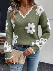 Elegant Floral Sweater with V-Neck – Perfect for Spring and Autumn