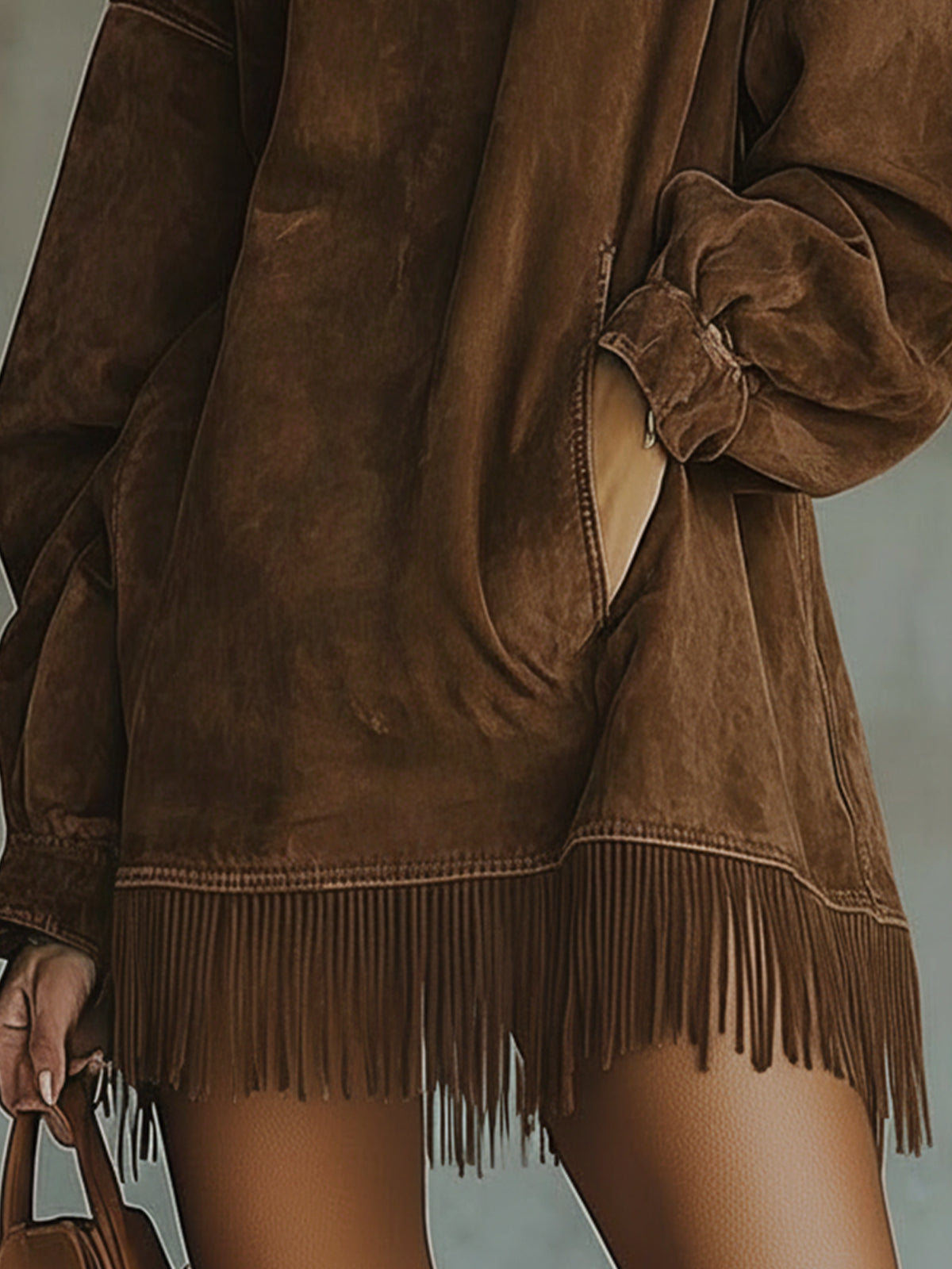 Faux Suede Brown Fringe Hem Turtleneck Dress by Daily Drop Mart 