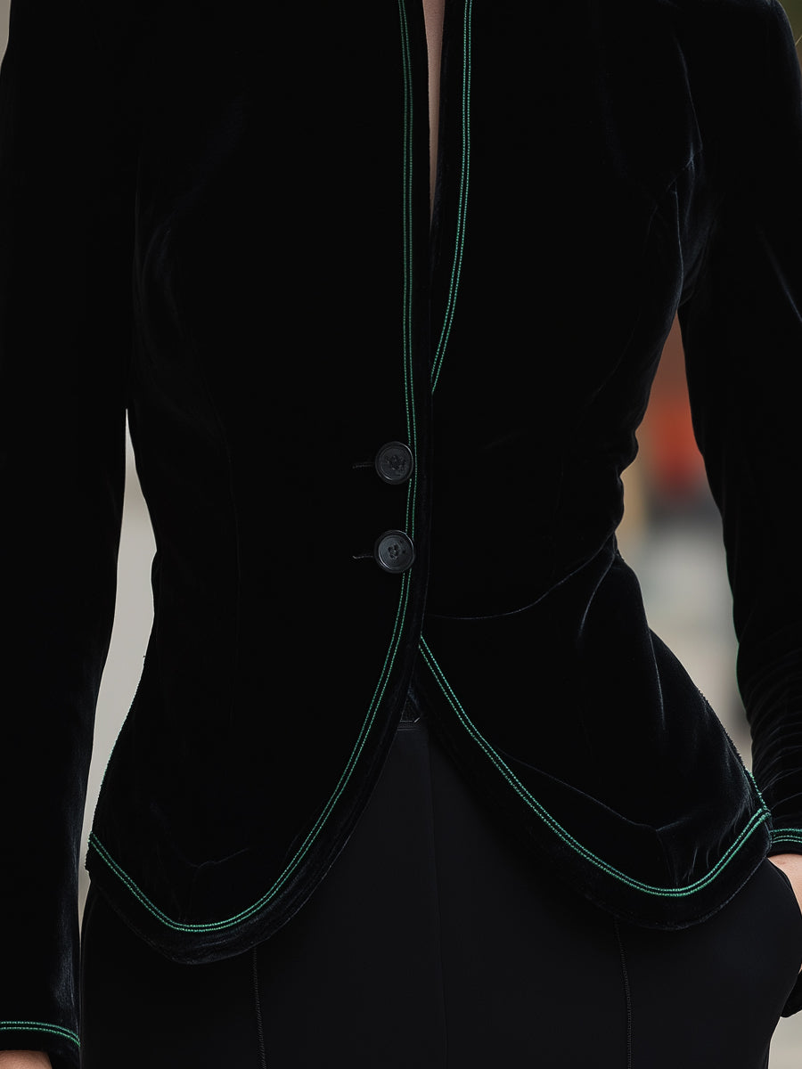 Black Velvet Blazer Green Contrast Trim by Daily Drop Mart 