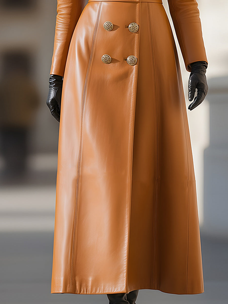 Daily Drop Mart Double-Breasted Leather Coat Fur Collar 