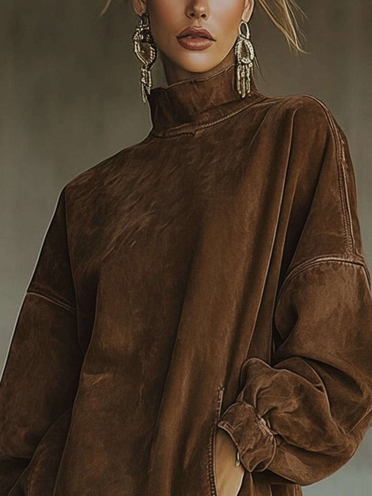 Faux Suede Brown Fringe Hem Turtleneck Dress by Daily Drop Mart 