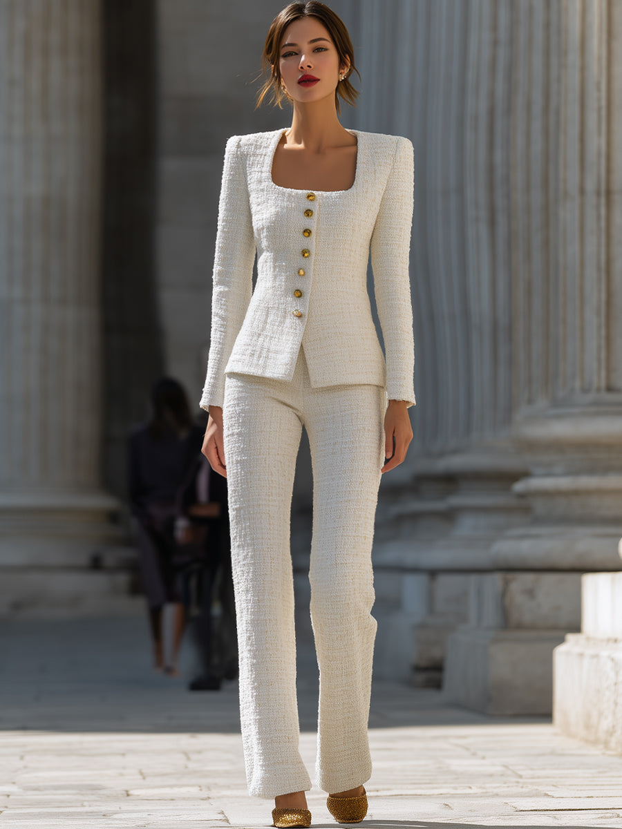Ivory Tweed Square Neck Gold Button Suit Set by Daily Drop Mart 