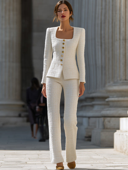 Ivory Tweed Square Neck Gold Button Suit Set by Daily Drop Mart 