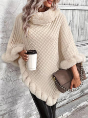 Luxury Thick Knit Turtleneck Sweater for Women - With Faux Fur Trim and Chic Pullover Cape for Winter