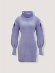 Elegant Turtleneck Sweater-Dress – Ribbed Texture and Lantern Sleeves for a Stylish Look