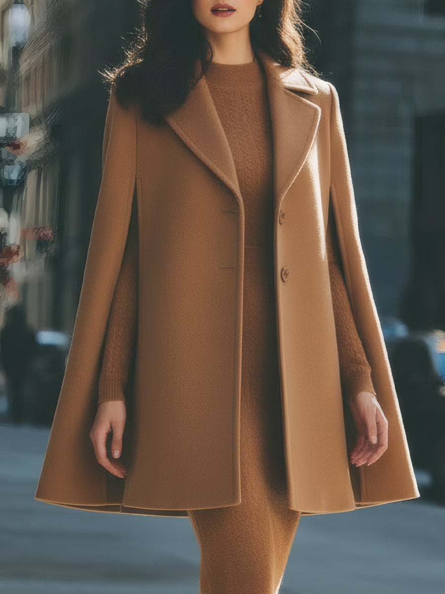 Camel Wool Cape Coat with Structured Lapels by Daily Drop Mart 