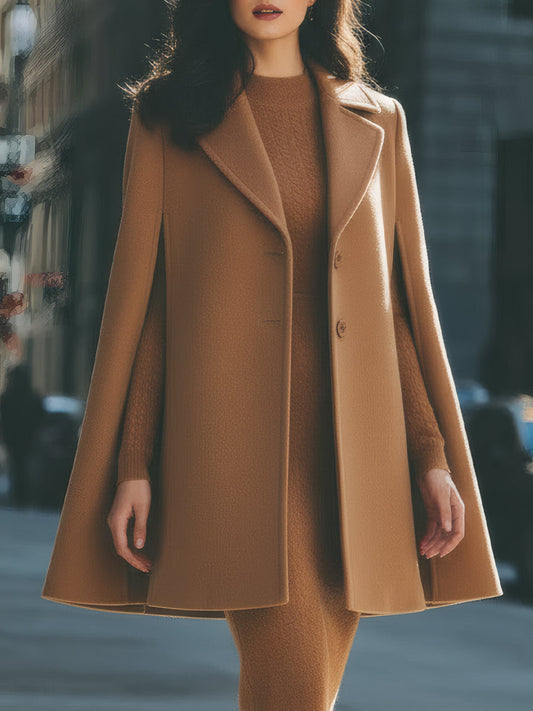 Camel Wool Cape Coat with Structured Lapels by Daily Drop Mart 