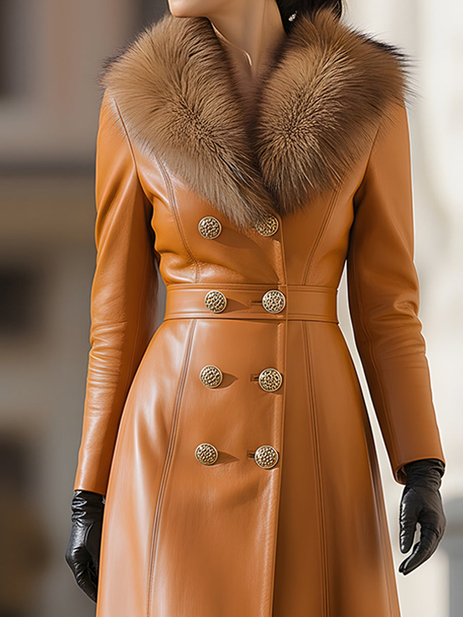 Daily Drop Mart Double-Breasted Leather Coat Fur Collar 