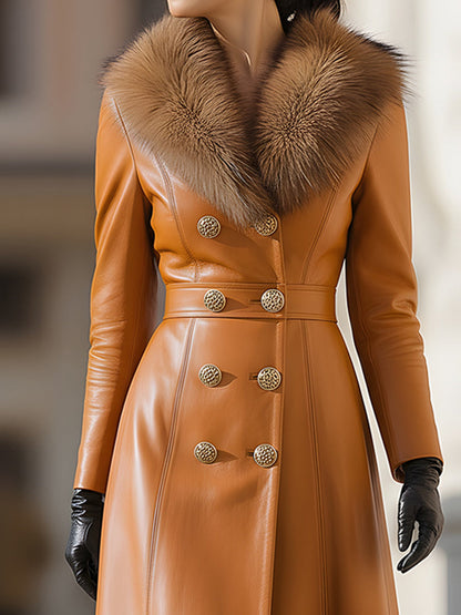 Daily Drop Mart Double-Breasted Leather Coat Fur Collar 