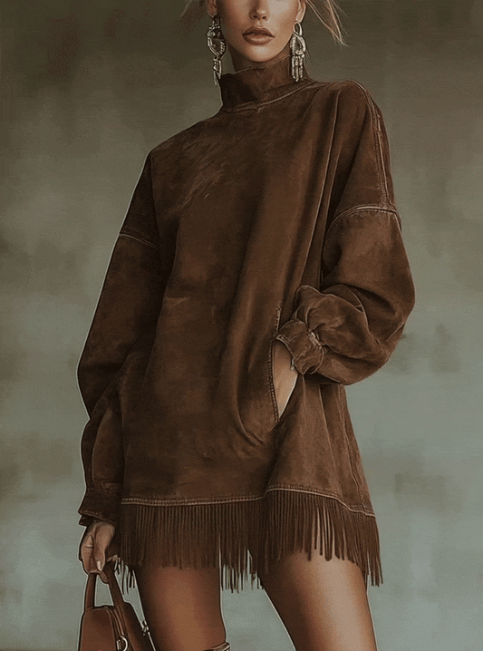 Faux Suede Brown Fringe Hem Turtleneck Dress by Daily Drop Mart 