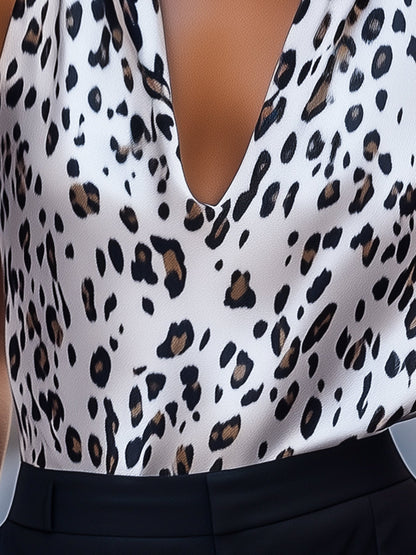 Leopard Print Deep V Halter Neck Top by Daily Drop Mart 