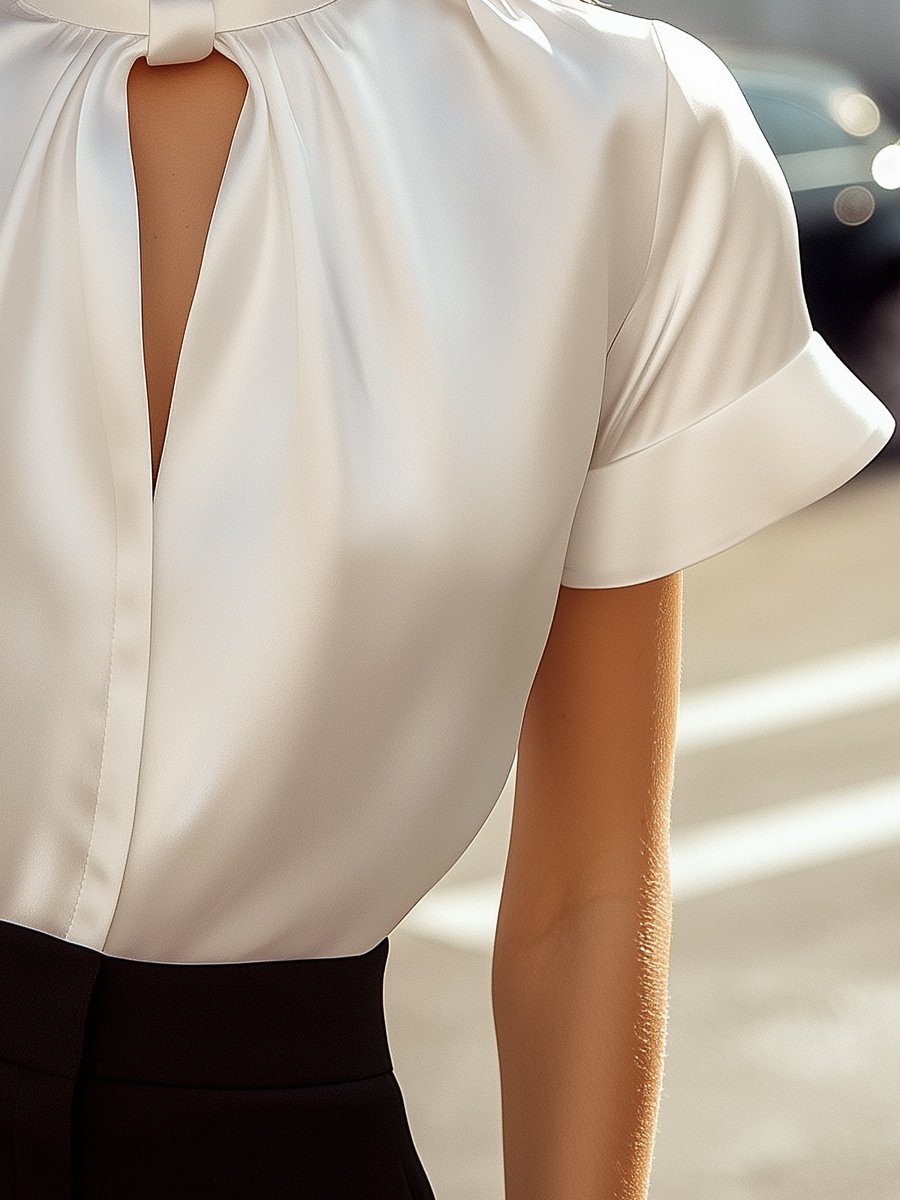 Satin Keyhole Neck Pleated Blouse by Daily Drop Mart 