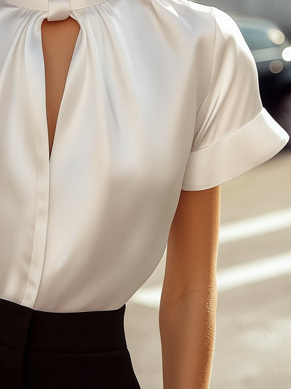 Satin Keyhole Neck Pleated Blouse by Daily Drop Mart 