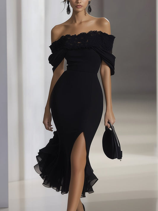 Black Lace Off Shoulder Ruffle Split Midi Dress by Daily Drop Mart 