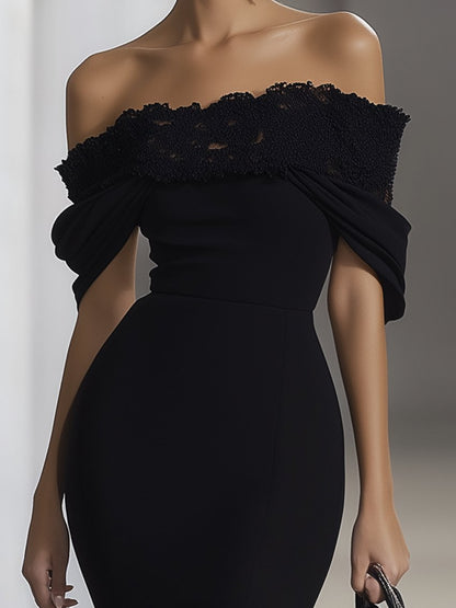 Black Lace Off Shoulder Ruffle Split Midi Dress by Daily Drop Mart 