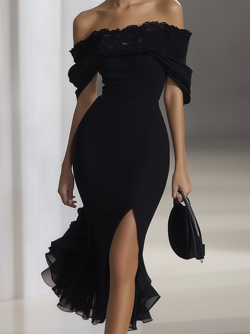 Black Lace Off Shoulder Ruffle Split Midi Dress by Daily Drop Mart 