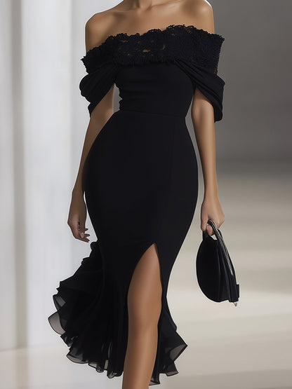 Black Lace Off Shoulder Ruffle Split Midi Dress by Daily Drop Mart 