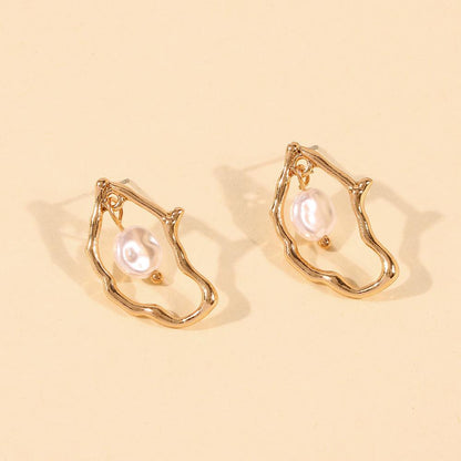 Daily Drop Mart Irregular Gold Frame Pearl Drop Earrings 