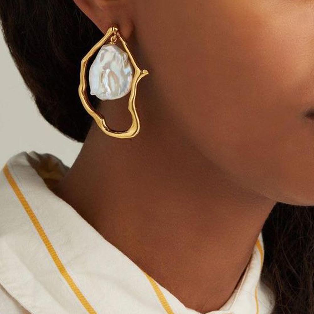 Daily Drop Mart Irregular Gold Frame Pearl Drop Earrings 