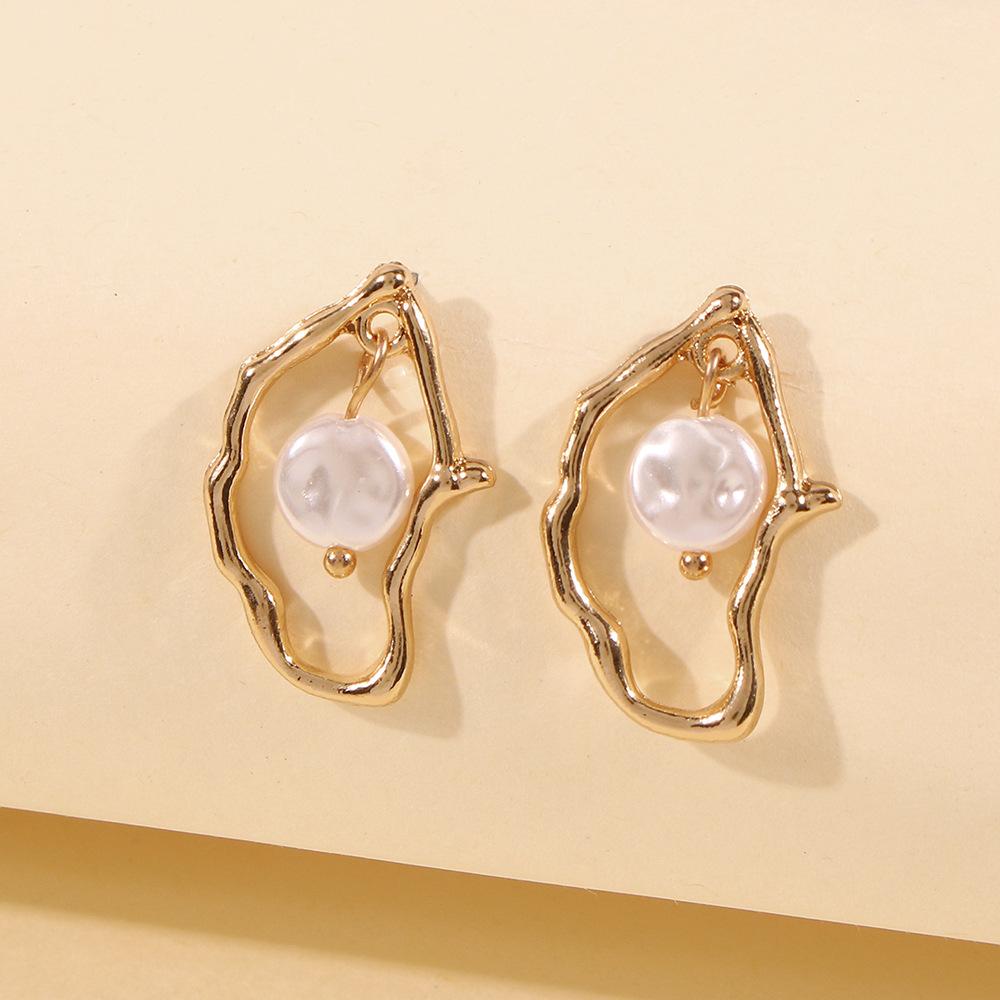 Daily Drop Mart Irregular Gold Frame Pearl Drop Earrings 
